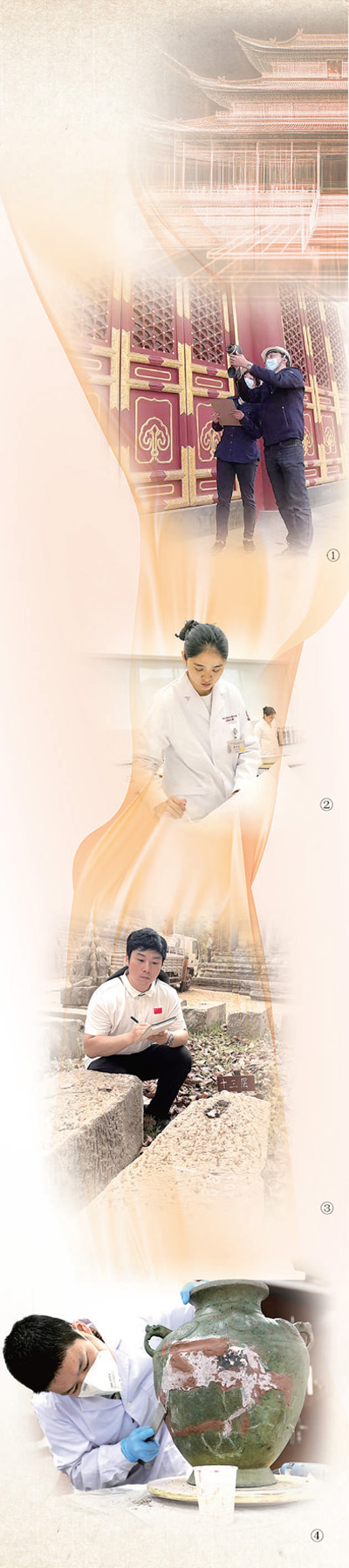 圖①：北京市考古研究院“文物專家”使用紅外熱成像儀檢測古建外檐滲漏情況。   北京考古研究院供圖   圖②：參加2025年上海市文物行業職業技能大賽的青年“文物醫生”。   上海博物館供圖   圖③：“文物醫生”陳仲寅在柬埔寨大吳哥城的王宮遺址記錄塊石編號。   陳超軍攝（人民視覺）   圖④：陜西歷史博物館的“文物醫生”對文物進行清理。   張??遠攝（影像中國）