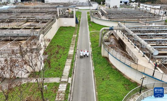  3月18日，在成都市大邑縣污水處理廠，合成微生物組與污水資源化創新團隊科研人員在為實驗收集樣本。  新華社記者 劉坤 攝