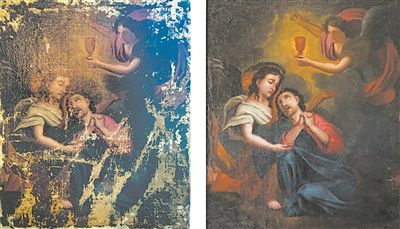 損壞的油畫 人工修補后的油畫  新的層壓膜方法能顯著提高修復嚴重受損畫作的速度。  圖片來源：美國麻省理工學院