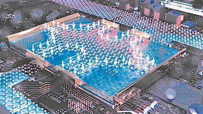 石墨烯中的量子自旋霍爾效應（藝術圖）。藍色和紅色球體分別代表沿石墨烯邊緣運動的自旋向上和自旋向下的電子。    圖片來源：荷蘭代爾夫特理工大學