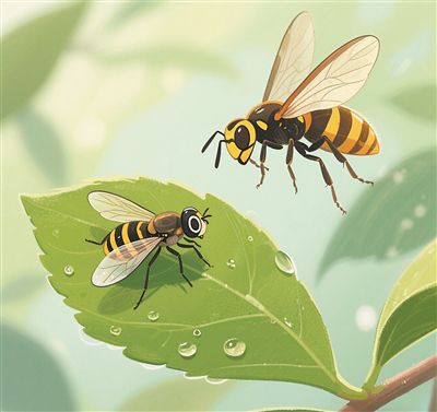 食蚜蠅會模仿黃黑相間的胡蜂。圖片由AI生成