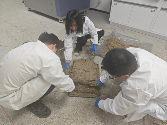 圖為文保工作者在實驗室里仿制良渚先民用于堆筑城墻和水壩的“草裹泥”。杭州良渚古城遺址世界遺產監測管理中心供圖。