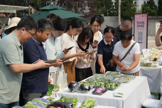 市民正在市集上通過掃描“JN碼”了解蔬菜信息。新華社發
