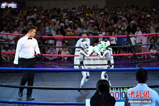 9月7日，重慶，機器人在搏擊表演賽比賽中。中新社記者 何蓬磊 攝