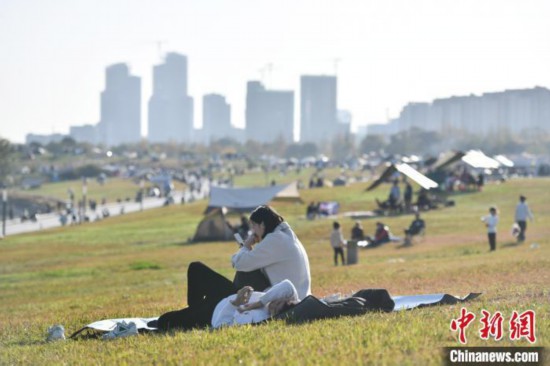 資料圖：市民在草坪上曬太陽。記者 張浪 攝