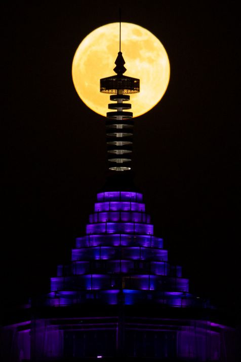 2022年6月14日，江蘇南京大報恩塔與“超級月亮”相映成景。新華社發（蘇陽 攝）