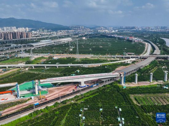 10月10日，一列貨運列車從轉體成功后的深江鐵路廣中江特大橋跨廣珠貨運鐵路轉體橋下駛過（無人機照片）。新華社記者 劉大偉 攝