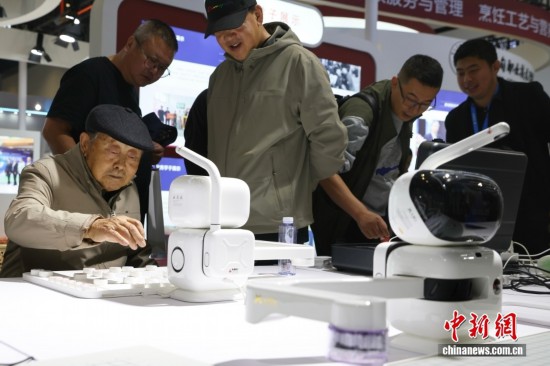 圖為參觀者與下棋機器人下棋。中新社記者 王紫儒 攝