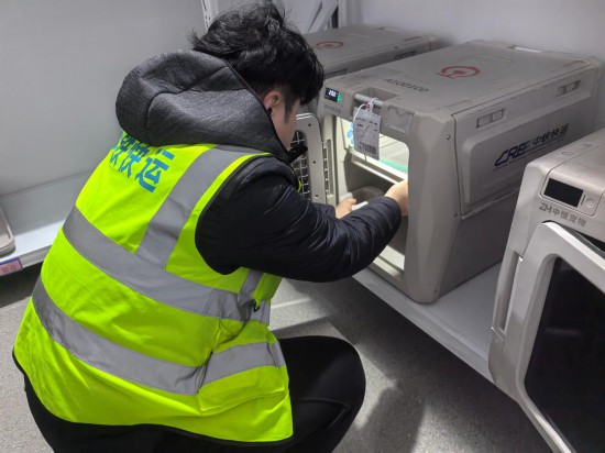 工作人員在整理寵物運輸箱。新華社發