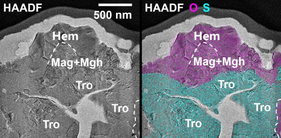 左圖是使用透射電子顯微鏡拍攝的赤鐵礦晶粒的高角度環形暗場像，右圖是使用兩種特征元素區分的鐵氧化物（氧元素，品紅色）顆粒和隕硫鐵（硫元素，青色）顆粒的接觸關系。（受訪單位供圖）